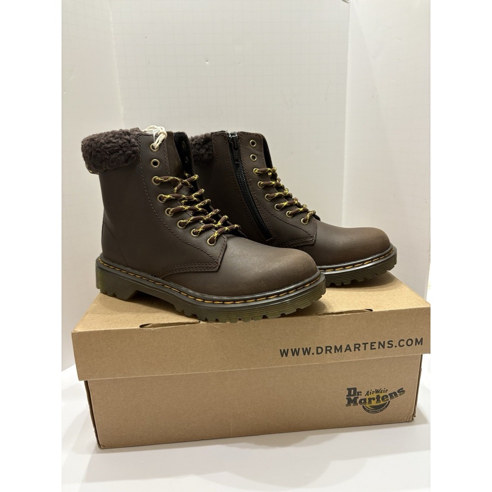 Dr Martens Kids Collar Faux Fur Brown Boots Size 2 NIB